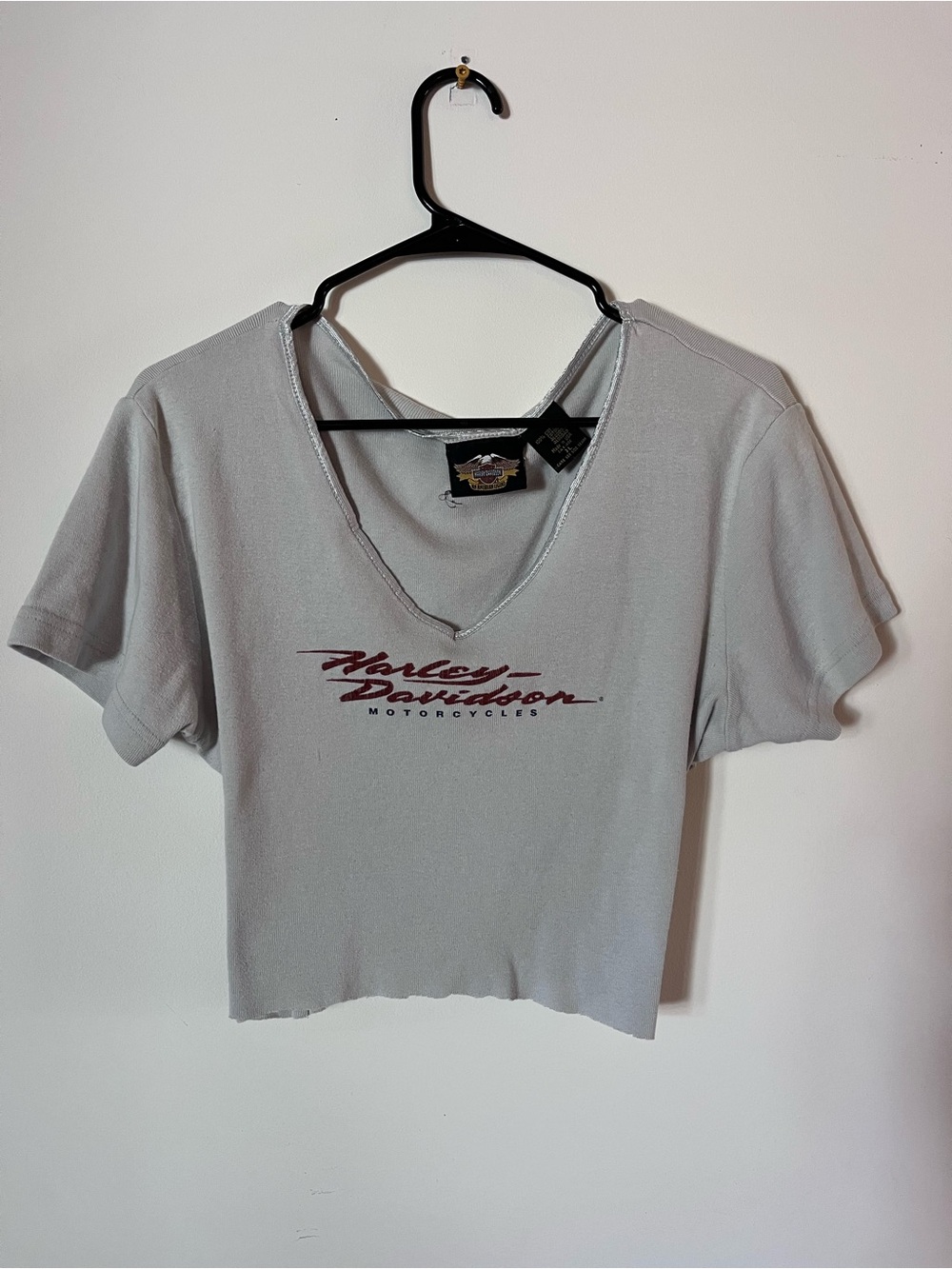 Harley-Davidson Gray V-Neck Cropped Tee with Red Logo